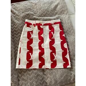 Louis Vuitton Monogram Flower Denim Skirt in White & Red